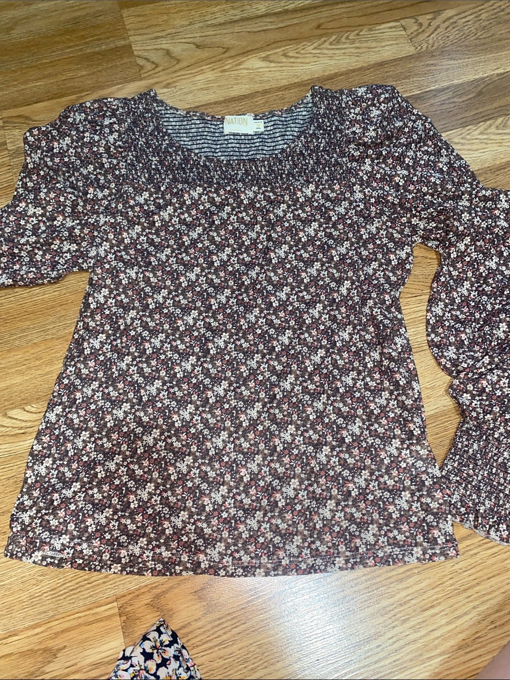 Nation LTD Maroon Floral Smocked Neck Blouse
